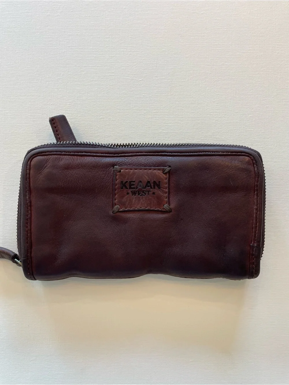 KEANN West Dark Brown distressed Leather Zip Wallet with Rose Embroidery
